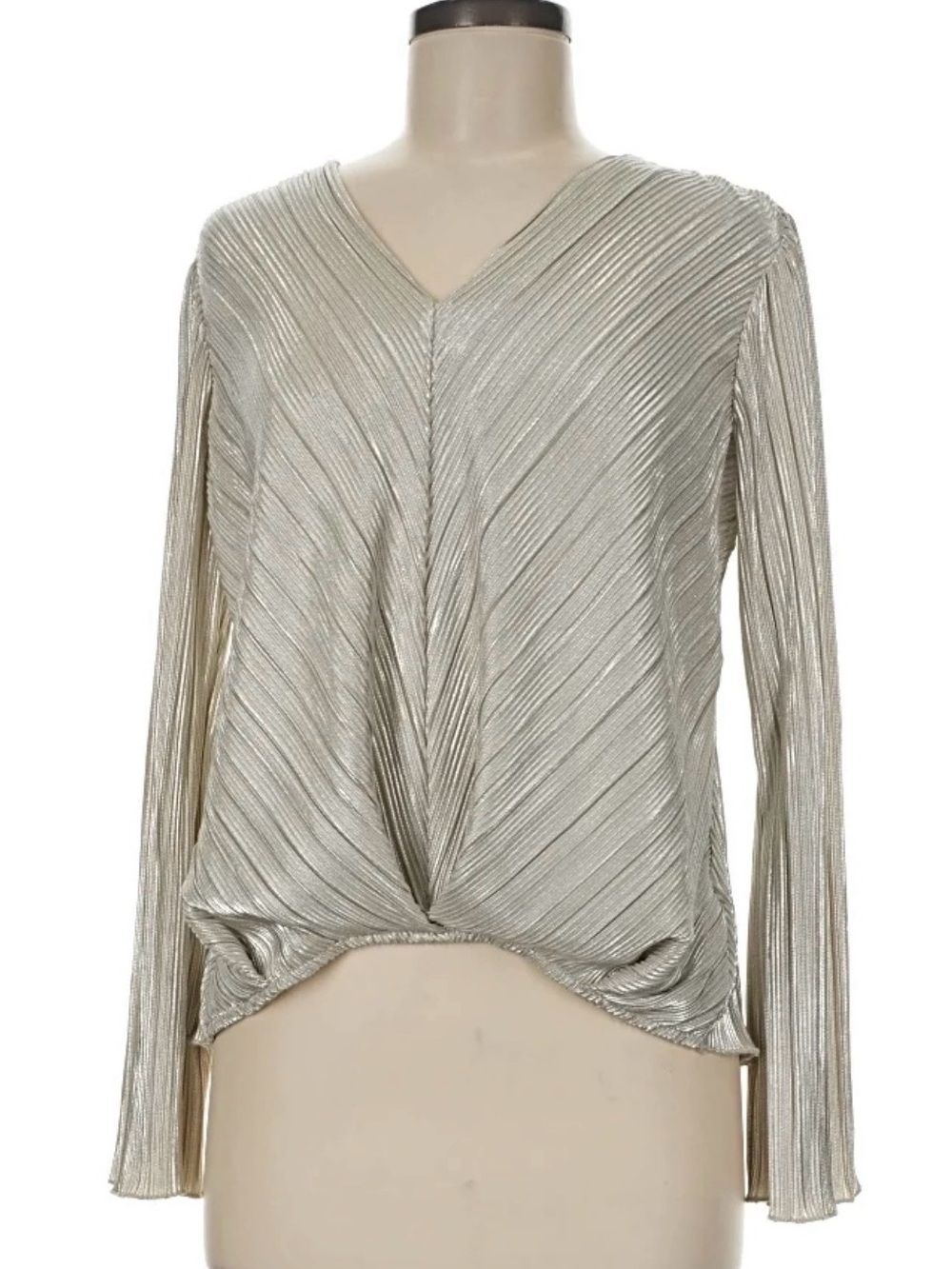 Chenault Metallic V-Neck Twist-Front Long Sleeve Top - Silver